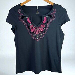 NWT Dana Buchman Black and Purple Embroidered Beaded T-Shirt Size Medium Top